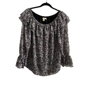 Michael Kors Women Sz L Black/White Floral Off The Shoulder Long Sleeve Blouse